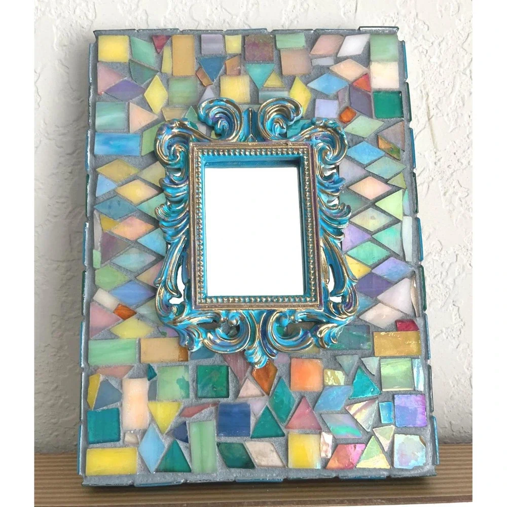 Stained Glass Mosaic Mirror Frame Colorful Handmade Glass Tile Boho Decor 8x6